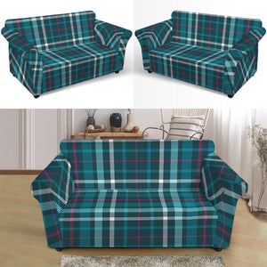 Teal Plaid Pattern Print Loveseat Slipcover