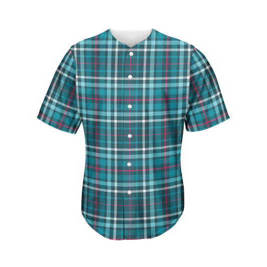 Teal Plaid Pattern Print Men's Baseball Jersey
