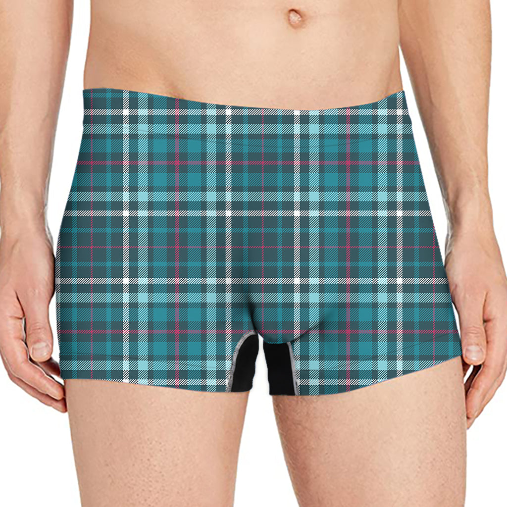 Teal Plaid Pattern Print Men's Boxer Briefs