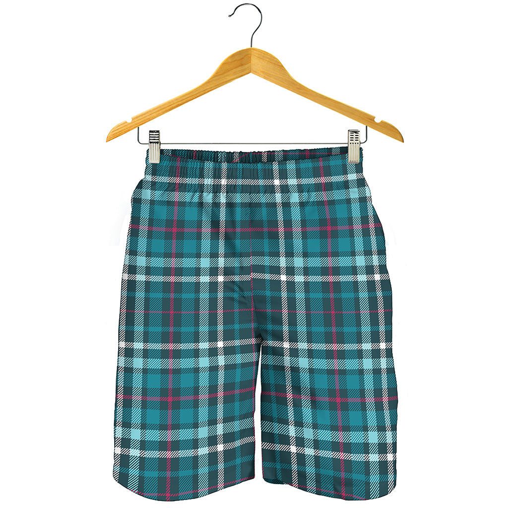 Teal Plaid Pattern Print Men's Shorts