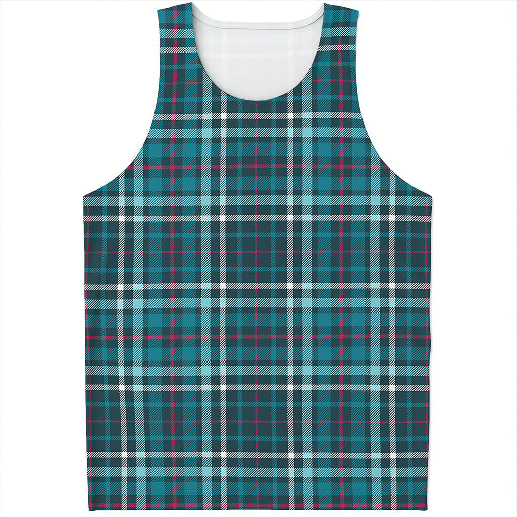 Teal Plaid Pattern Print Men's Tank Top