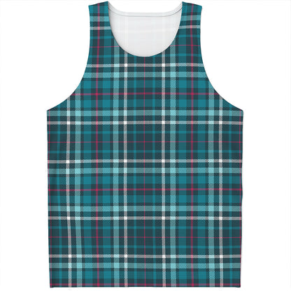 Teal Plaid Pattern Print Men's Tank Top