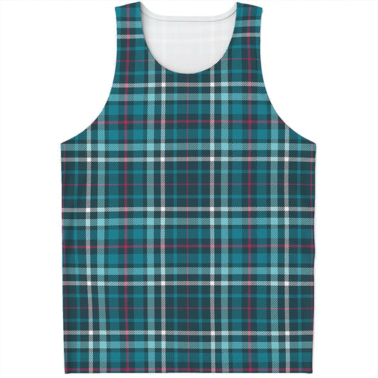 Teal Plaid Pattern Print Men's Tank Top