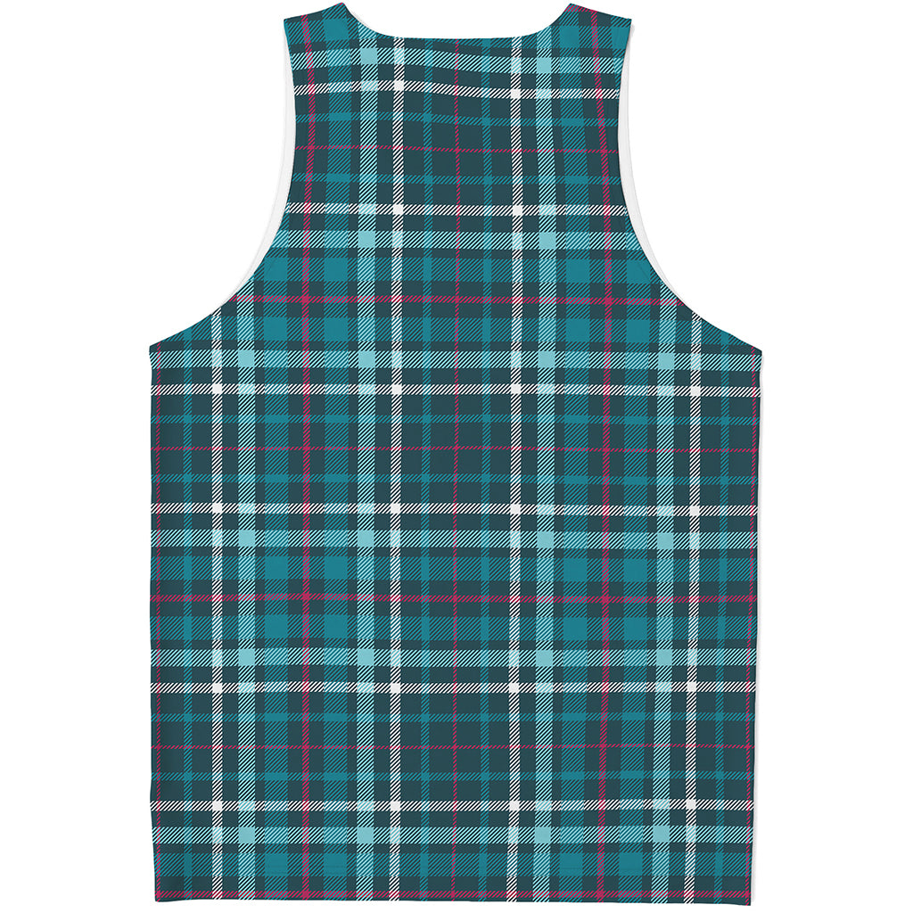 Teal Plaid Pattern Print Men's Tank Top