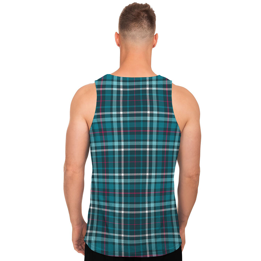 Teal Plaid Pattern Print Men's Tank Top