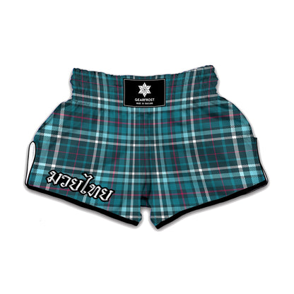 Teal Plaid Pattern Print Muay Thai Boxing Shorts