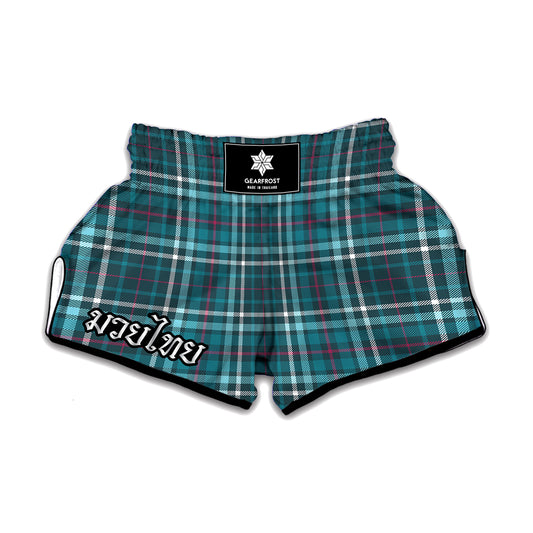 Teal Plaid Pattern Print Muay Thai Boxing Shorts