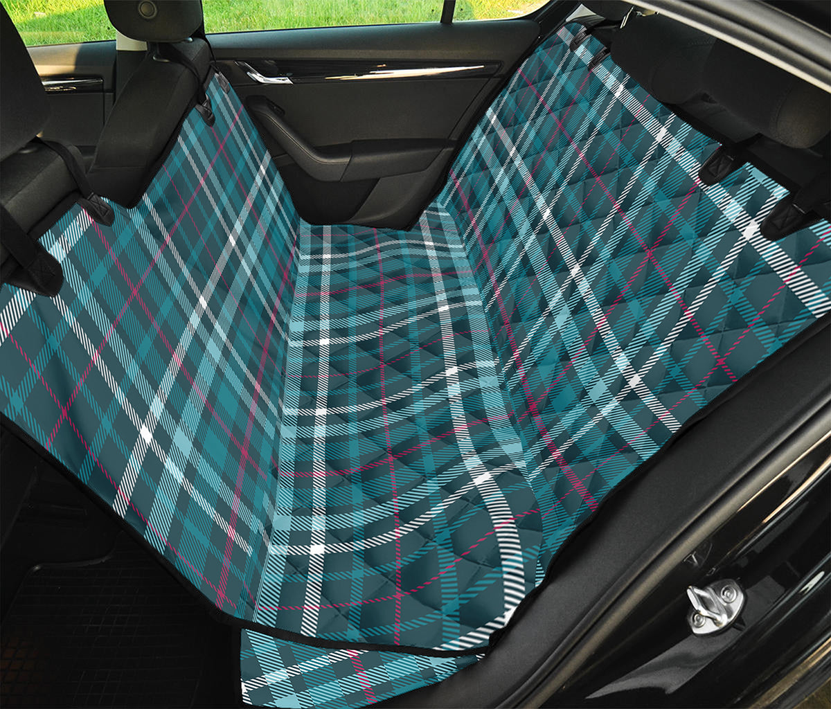 Teal Plaid Pattern Print Pet Car Back Seat Cover