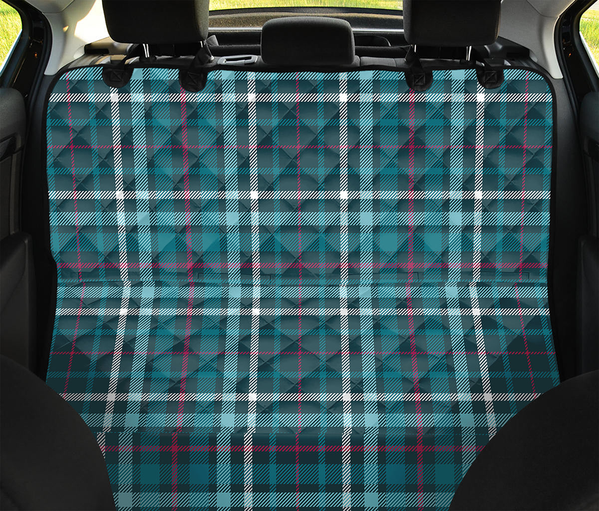 Teal Plaid Pattern Print Pet Car Back Seat Cover