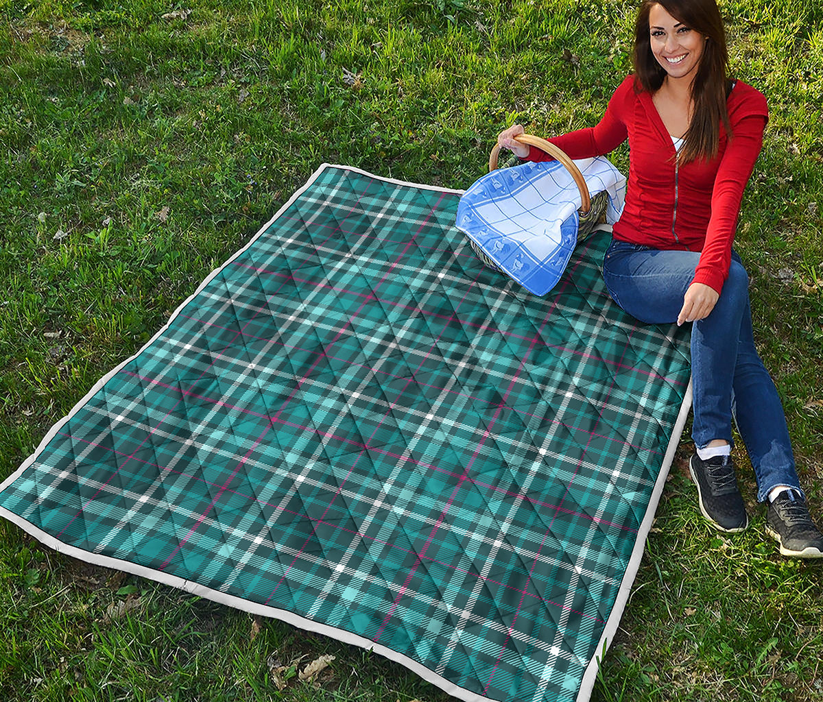 Teal Plaid Pattern Print Quilt