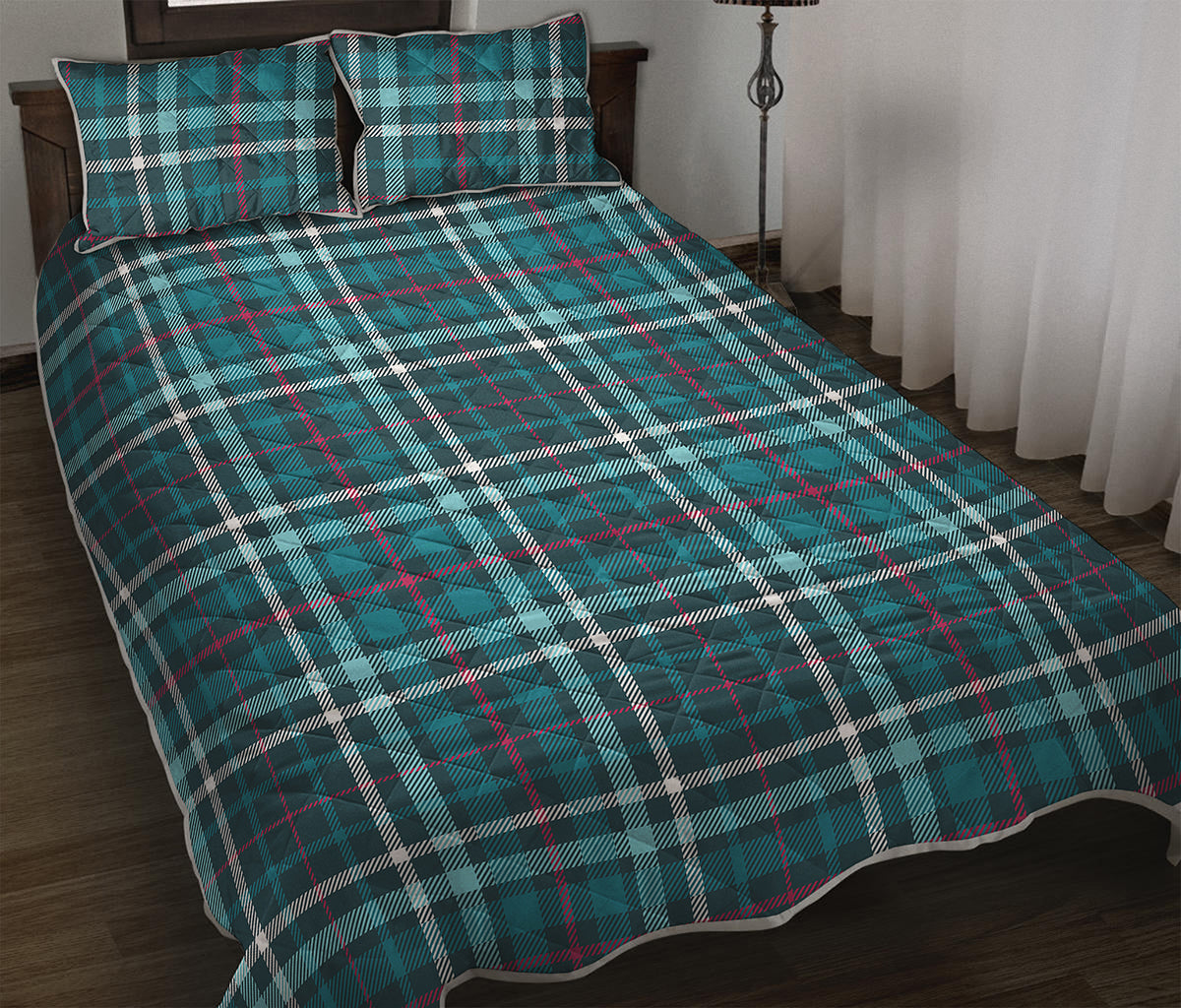 Teal Plaid Pattern Print Quilt Bed Set