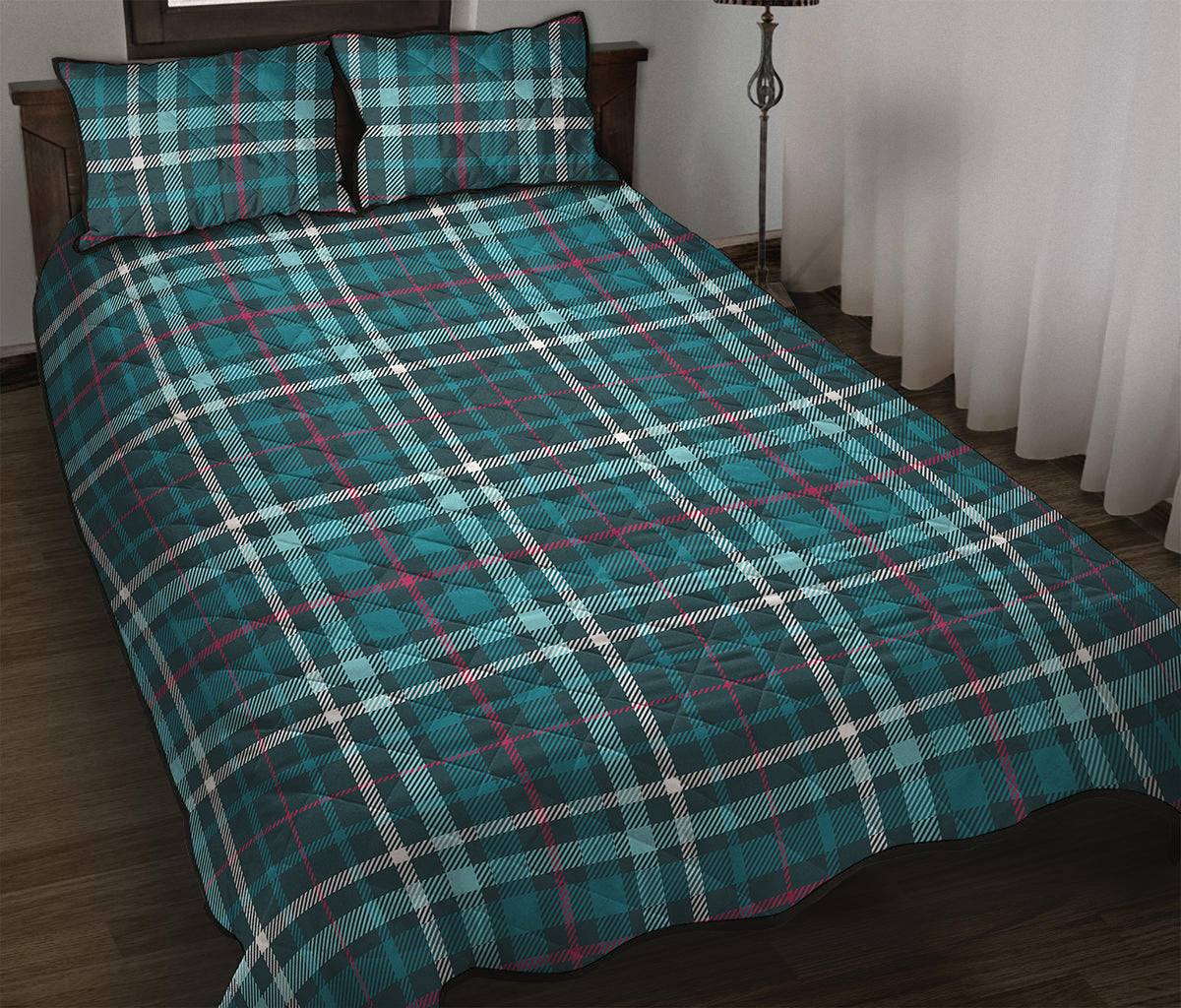 Teal Plaid Pattern Print Quilt Bed Set