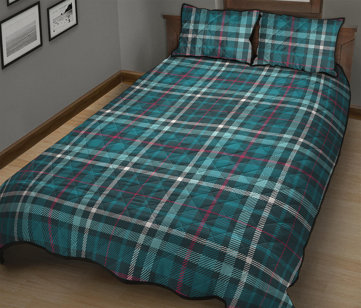 Teal Plaid Pattern Print Quilt Bed Set