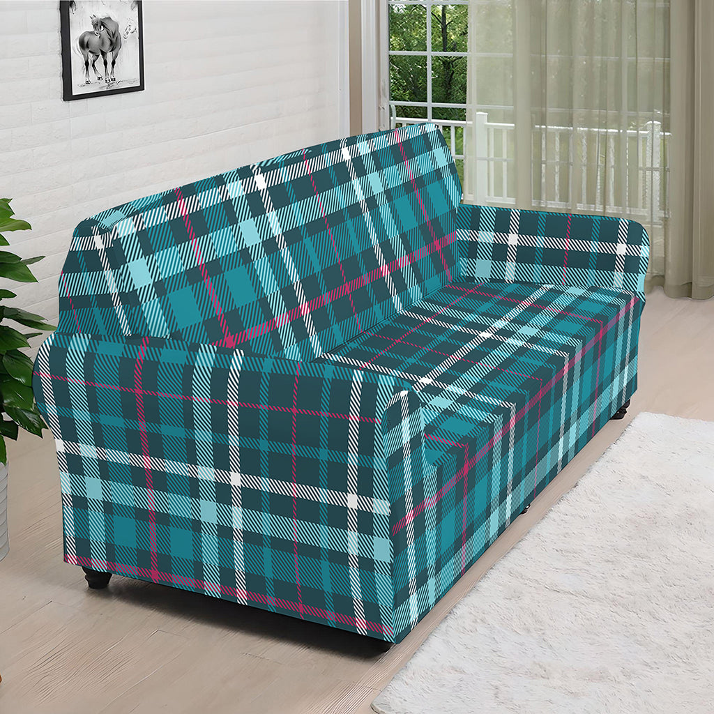 Teal Plaid Pattern Print Sofa Cover