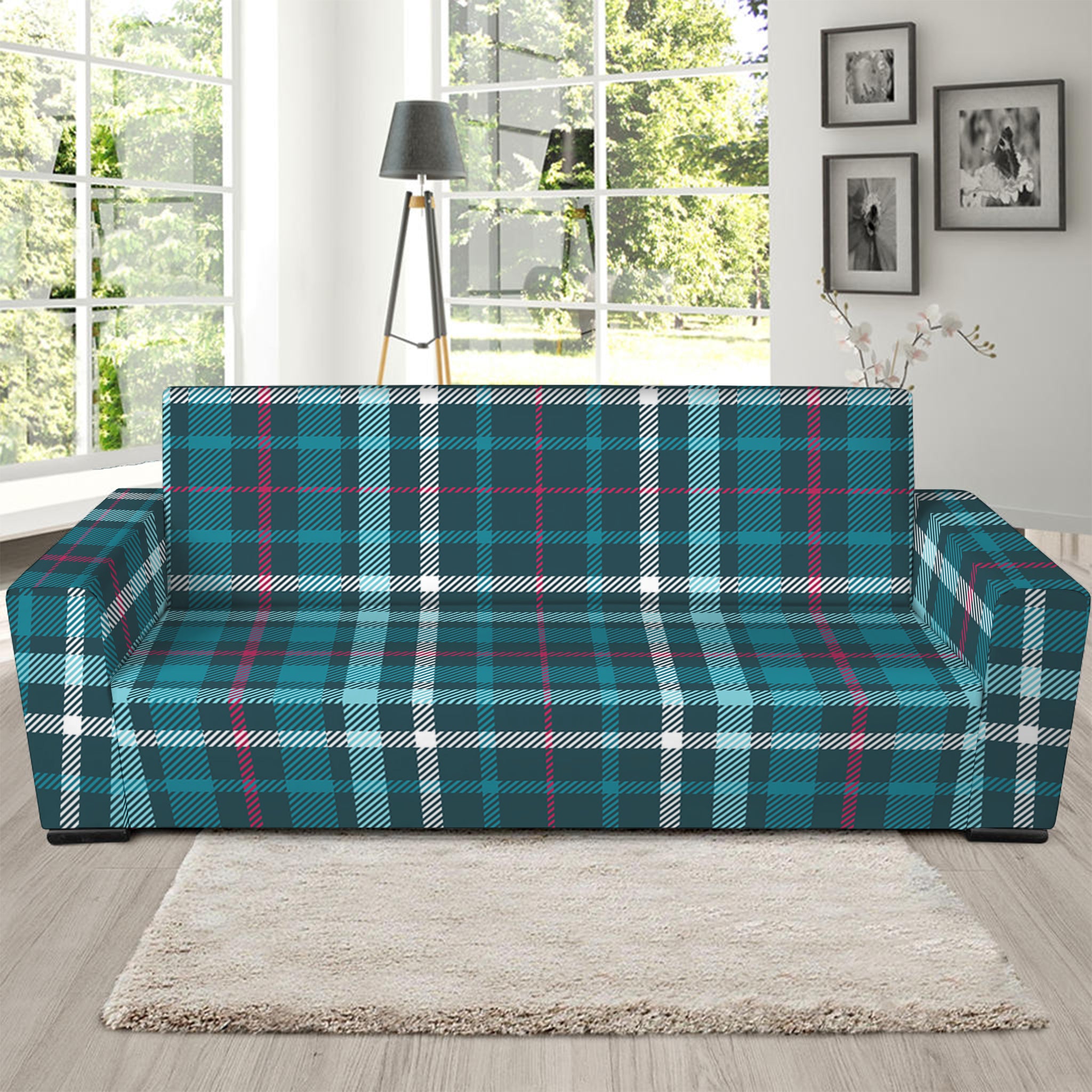 Teal Plaid Pattern Print Sofa Slipcover