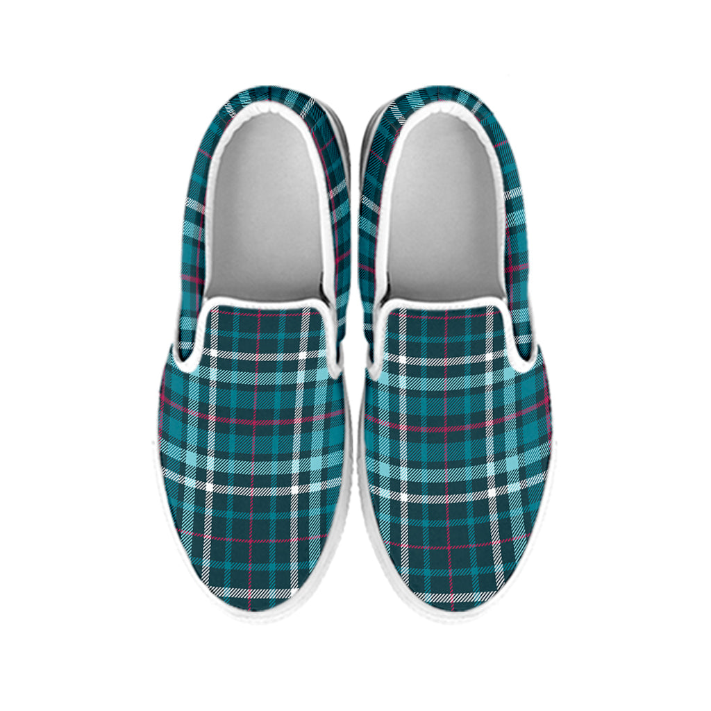 Teal Plaid Pattern Print White Slip On Shoes
