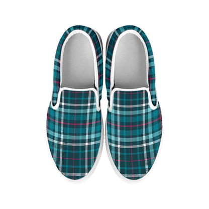 Teal Plaid Pattern Print White Slip On Shoes