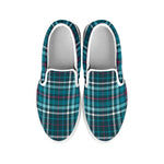Teal Plaid Pattern Print White Slip On Shoes