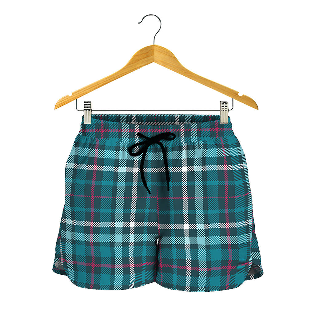 Teal Plaid Pattern Print Women's Shorts