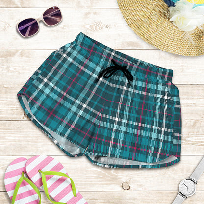 Teal Plaid Pattern Print Women's Shorts
