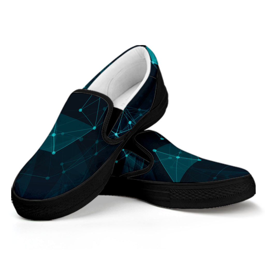Teal Polygonal Dot Geometric Print Black Slip On Shoes