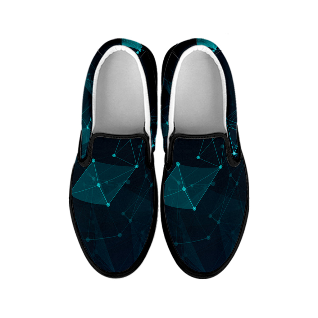 Teal Polygonal Dot Geometric Print Black Slip On Shoes