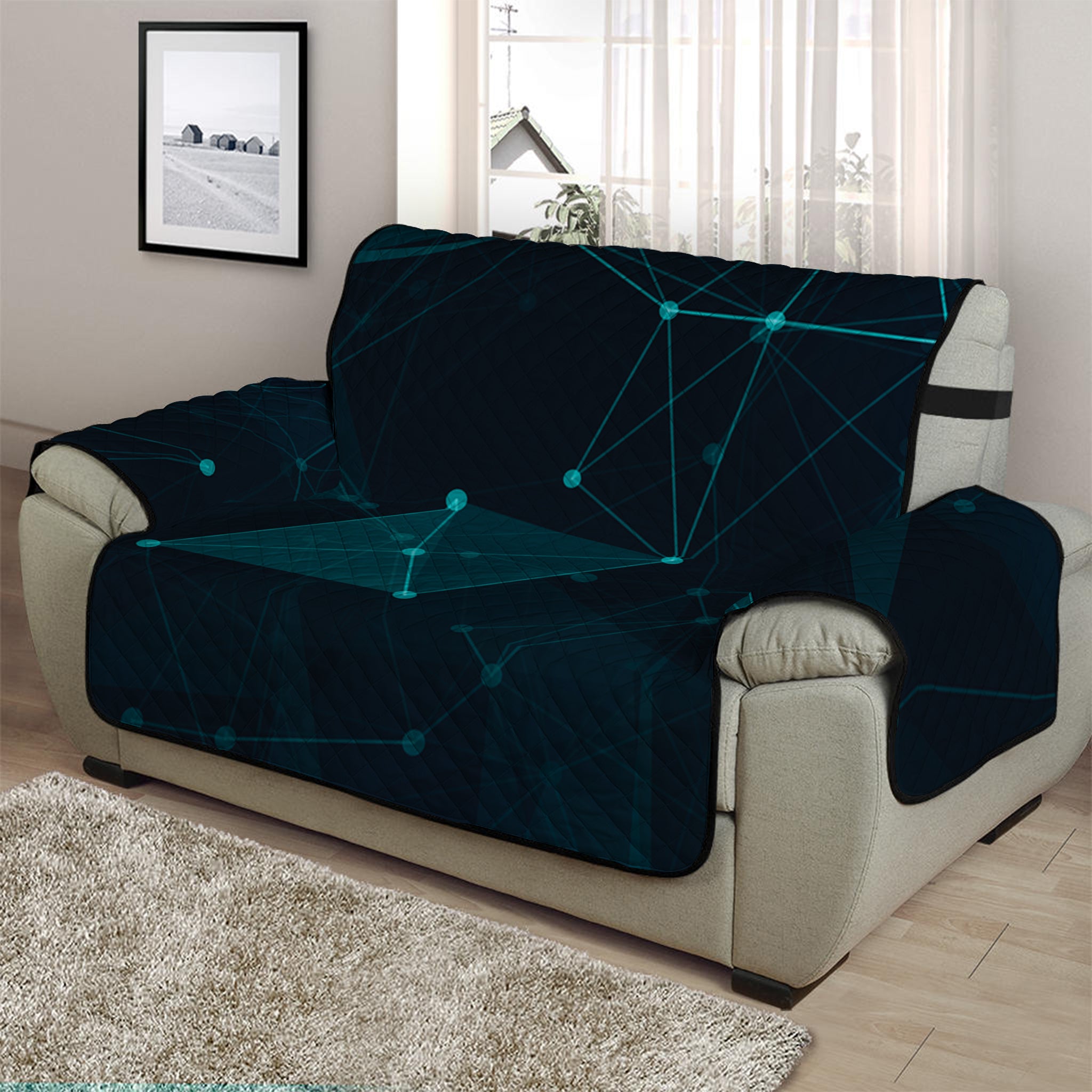 Teal Polygonal Dot Geometric Print Half Sofa Protector