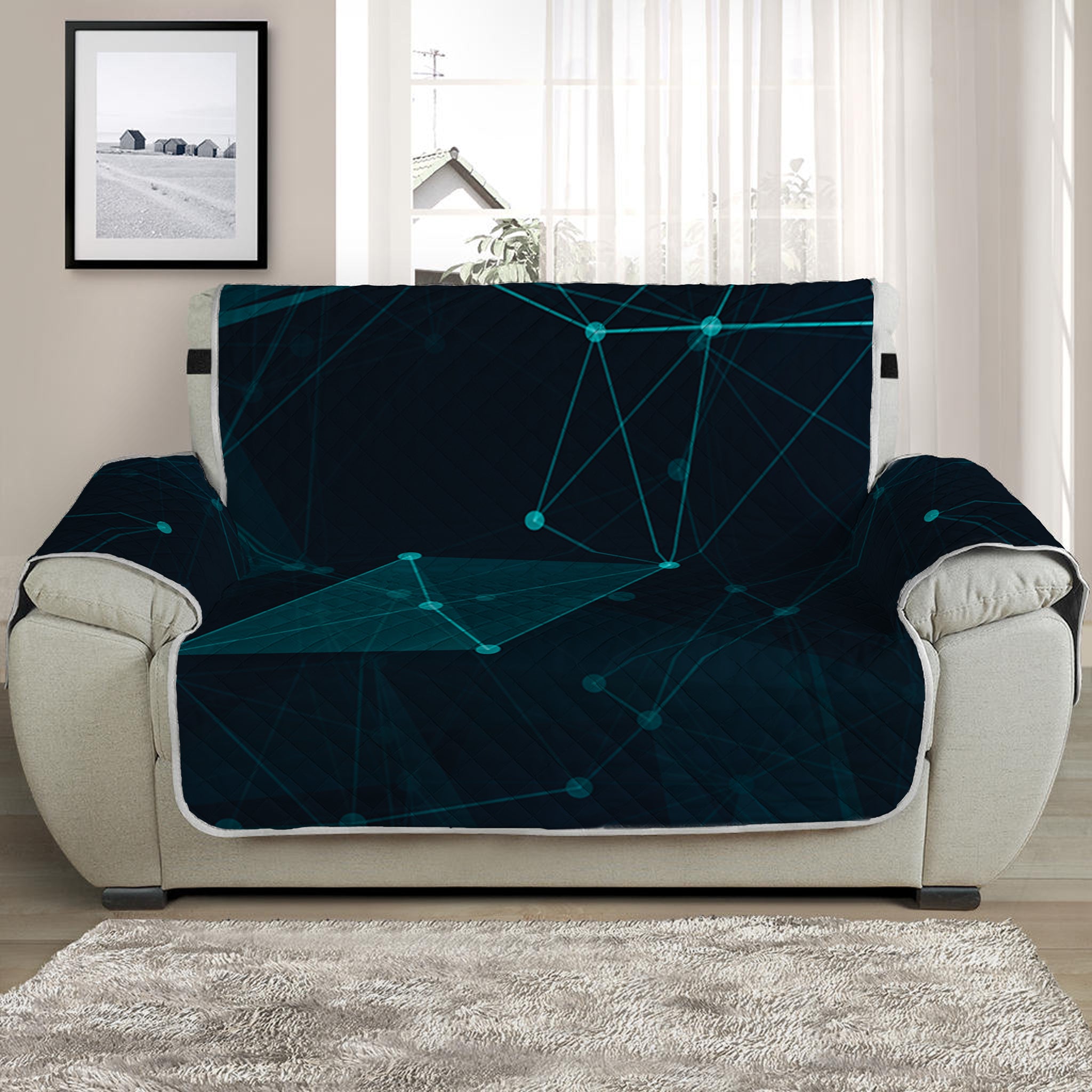 Teal Polygonal Dot Geometric Print Half Sofa Protector