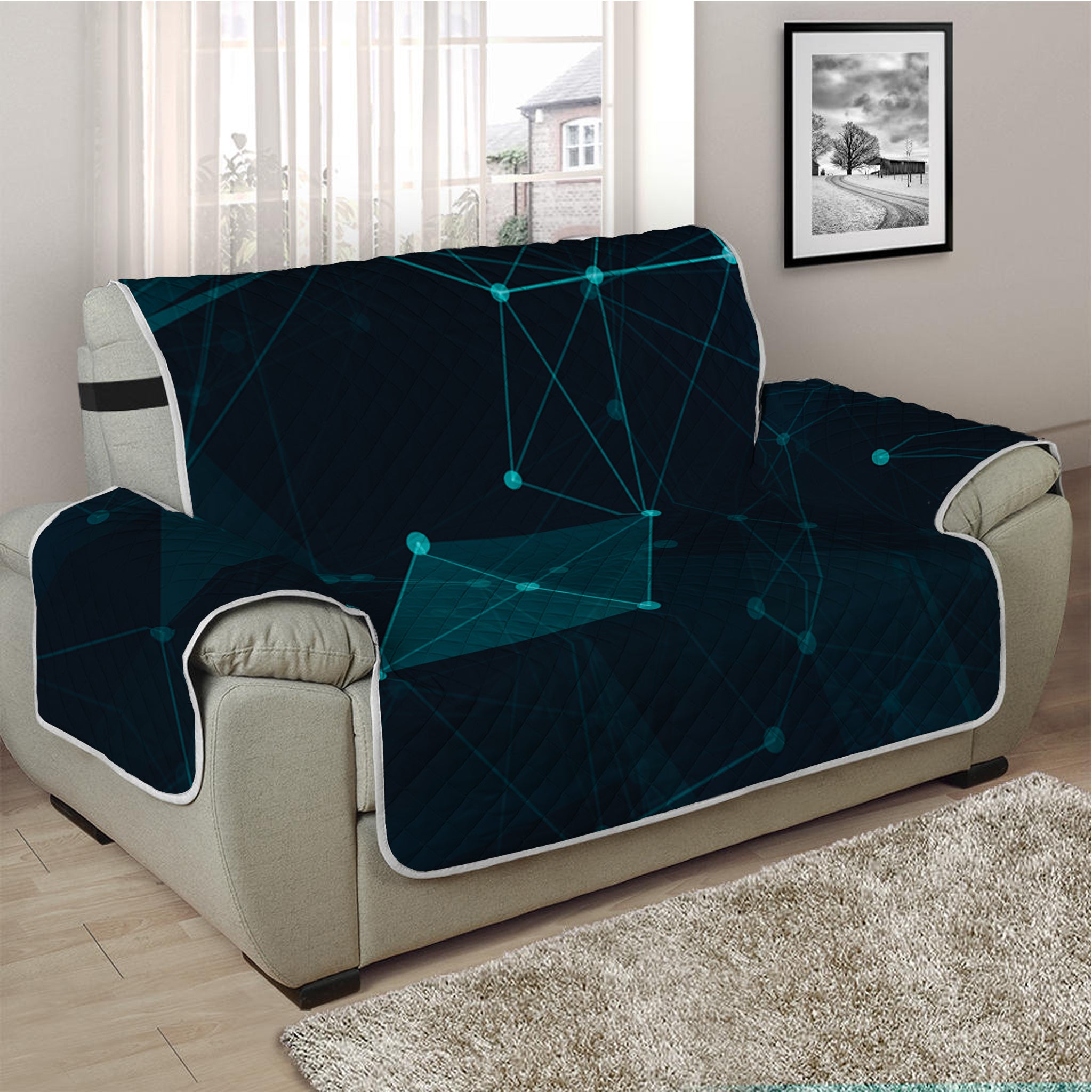 Teal Polygonal Dot Geometric Print Half Sofa Protector