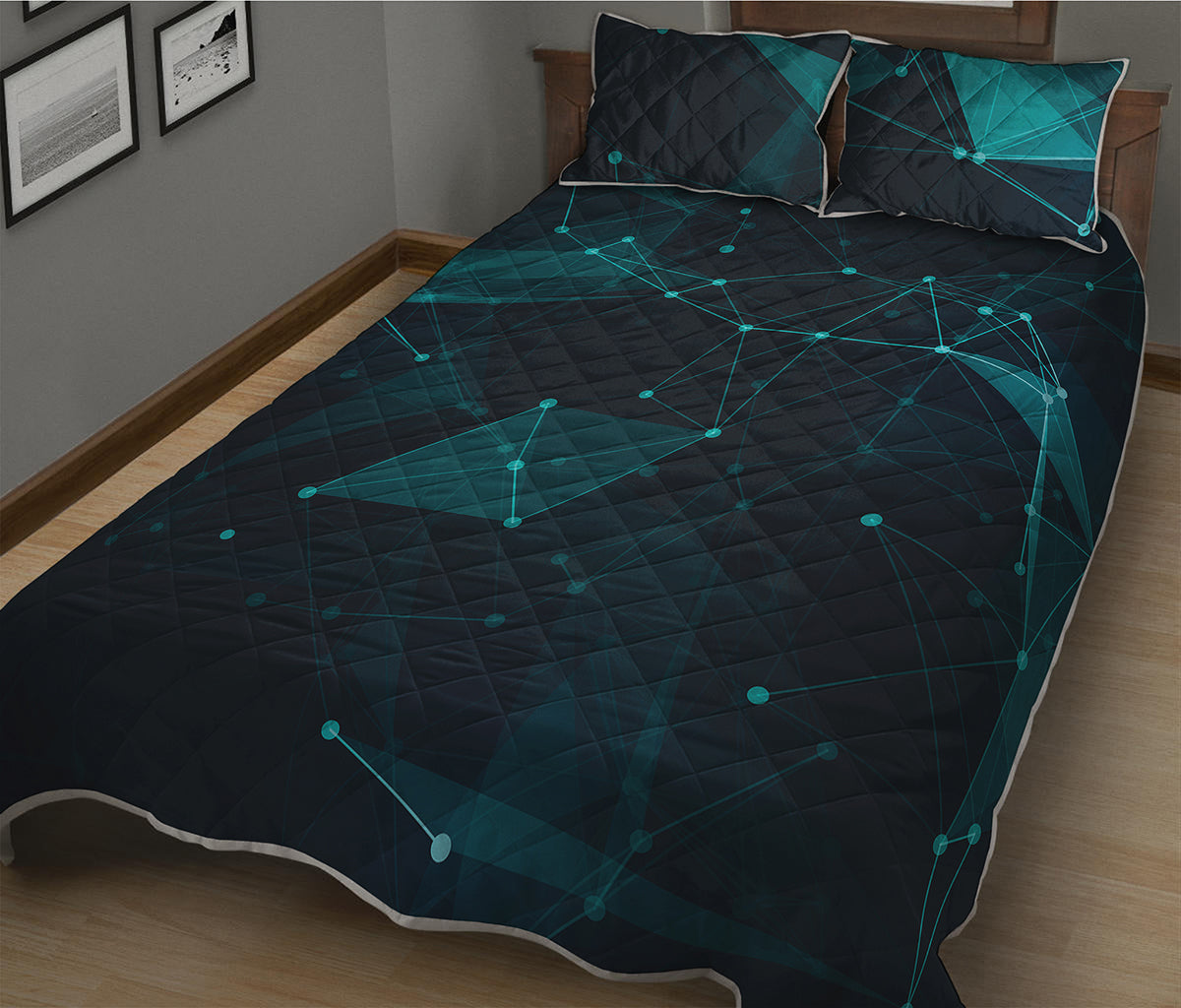 Teal Polygonal Dot Geometric Print Quilt Bed Set