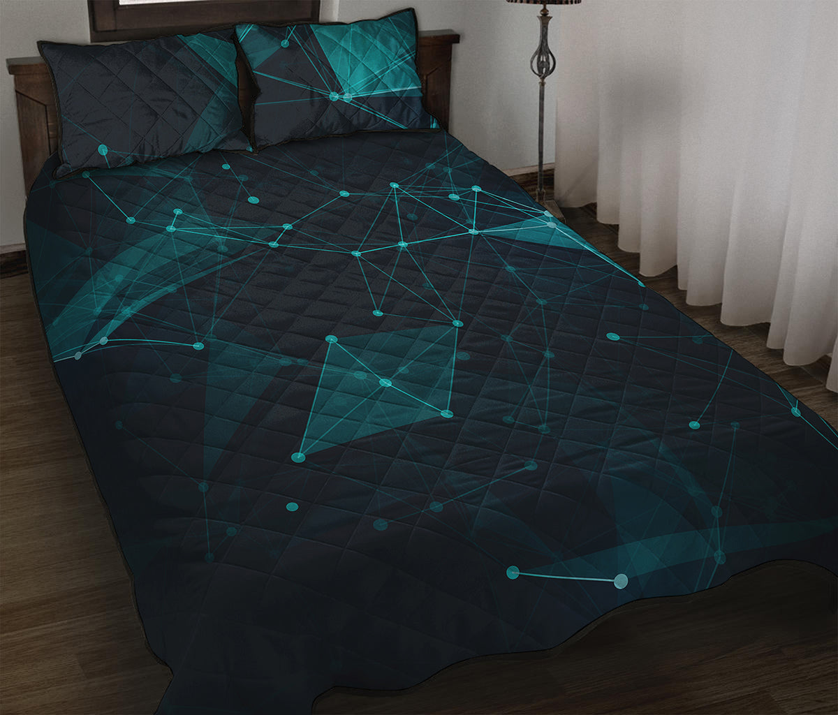 Teal Polygonal Dot Geometric Print Quilt Bed Set
