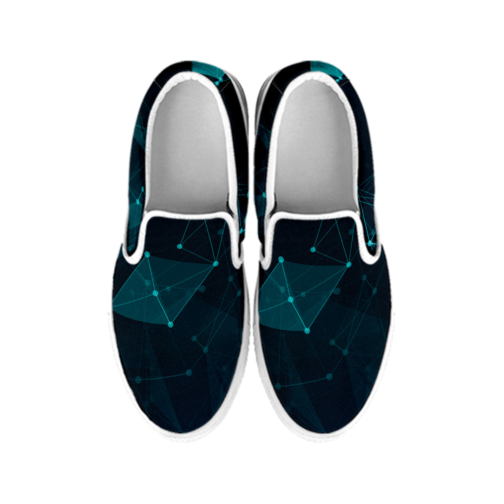 Teal Polygonal Dot Geometric Print White Slip On Shoes