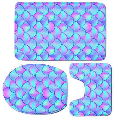 Teal Purple Mermaid Scales Pattern Print 3 Piece Bath Mat Set