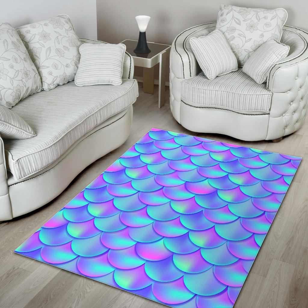 Teal Purple Mermaid Scales Pattern Print Area Rug GearFrost