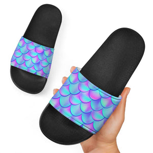 Teal Purple Mermaid Scales Pattern Print Black Slide Sandals