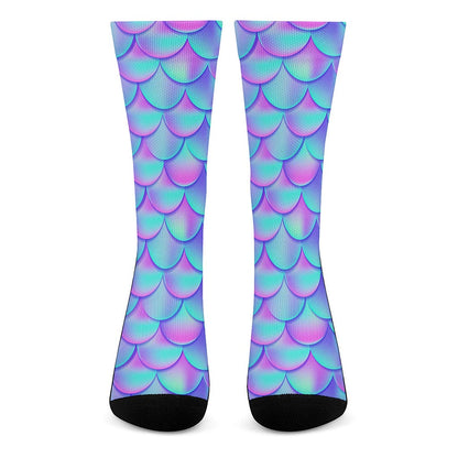 Teal Purple Mermaid Scales Pattern Print Crew Socks