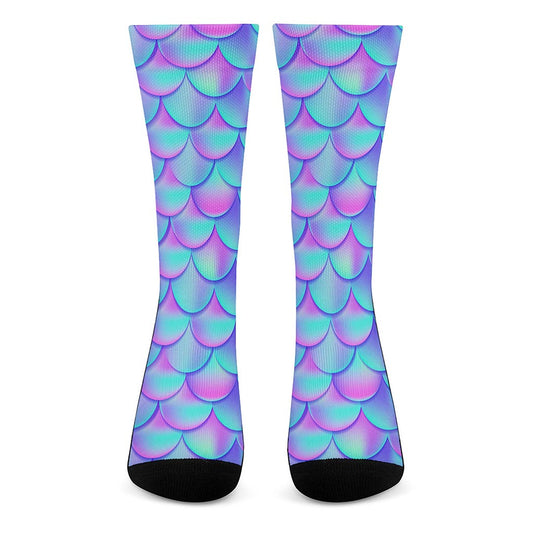 Teal Purple Mermaid Scales Pattern Print Crew Socks