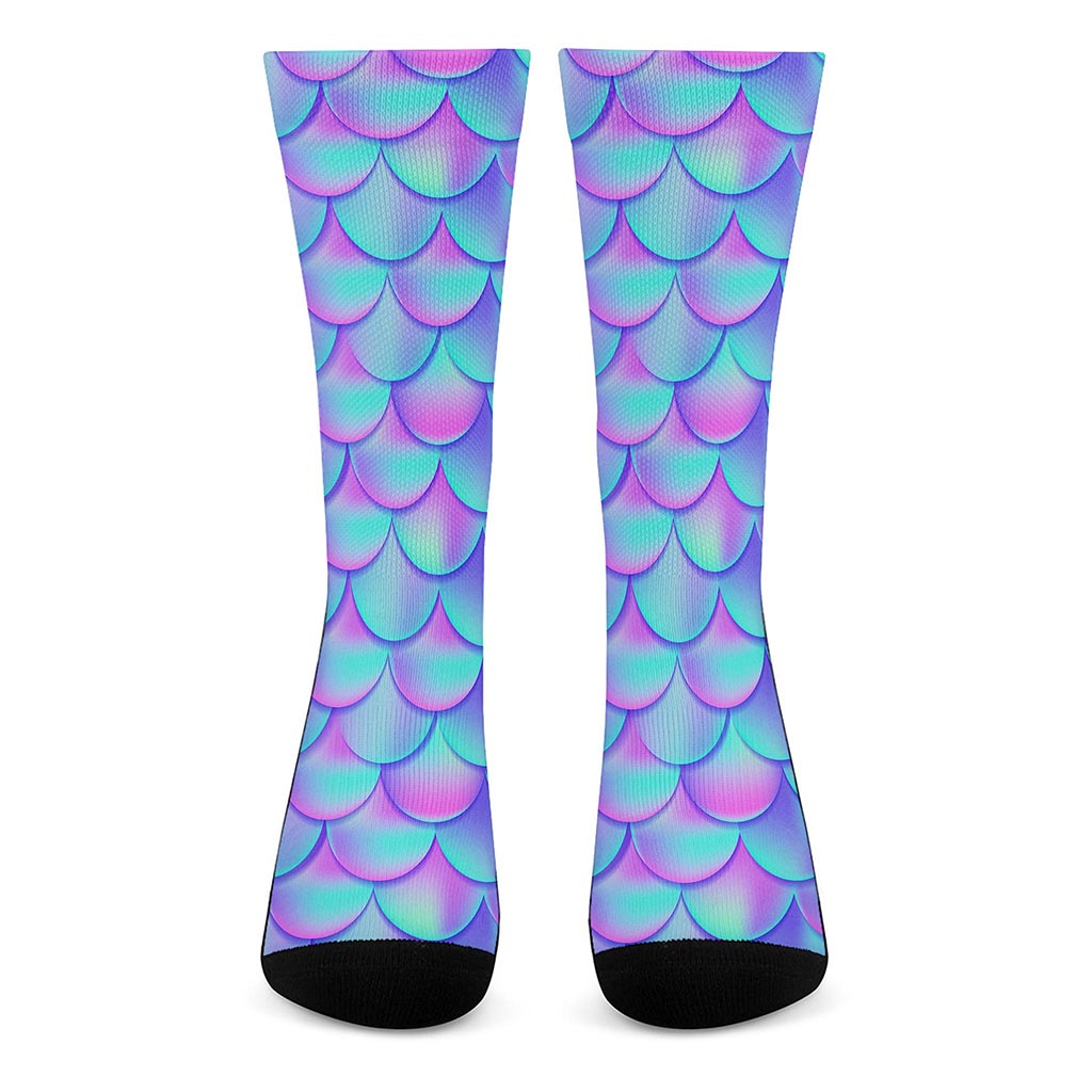 Teal Purple Mermaid Scales Pattern Print Crew Socks