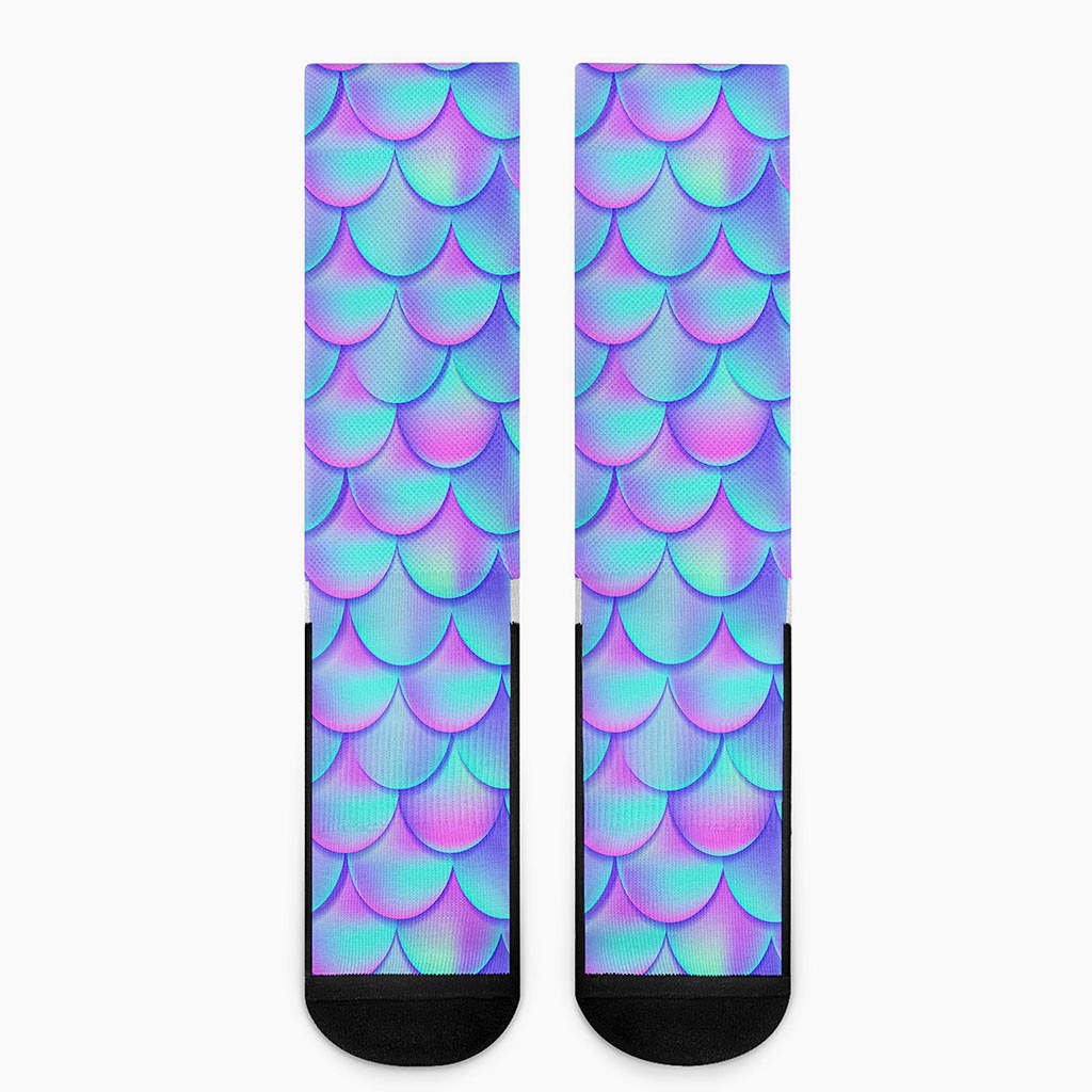 Teal Purple Mermaid Scales Pattern Print Crew Socks