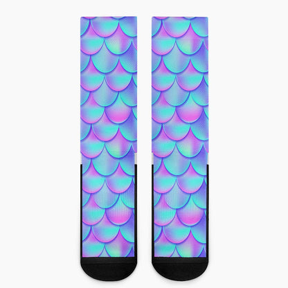 Teal Purple Mermaid Scales Pattern Print Crew Socks