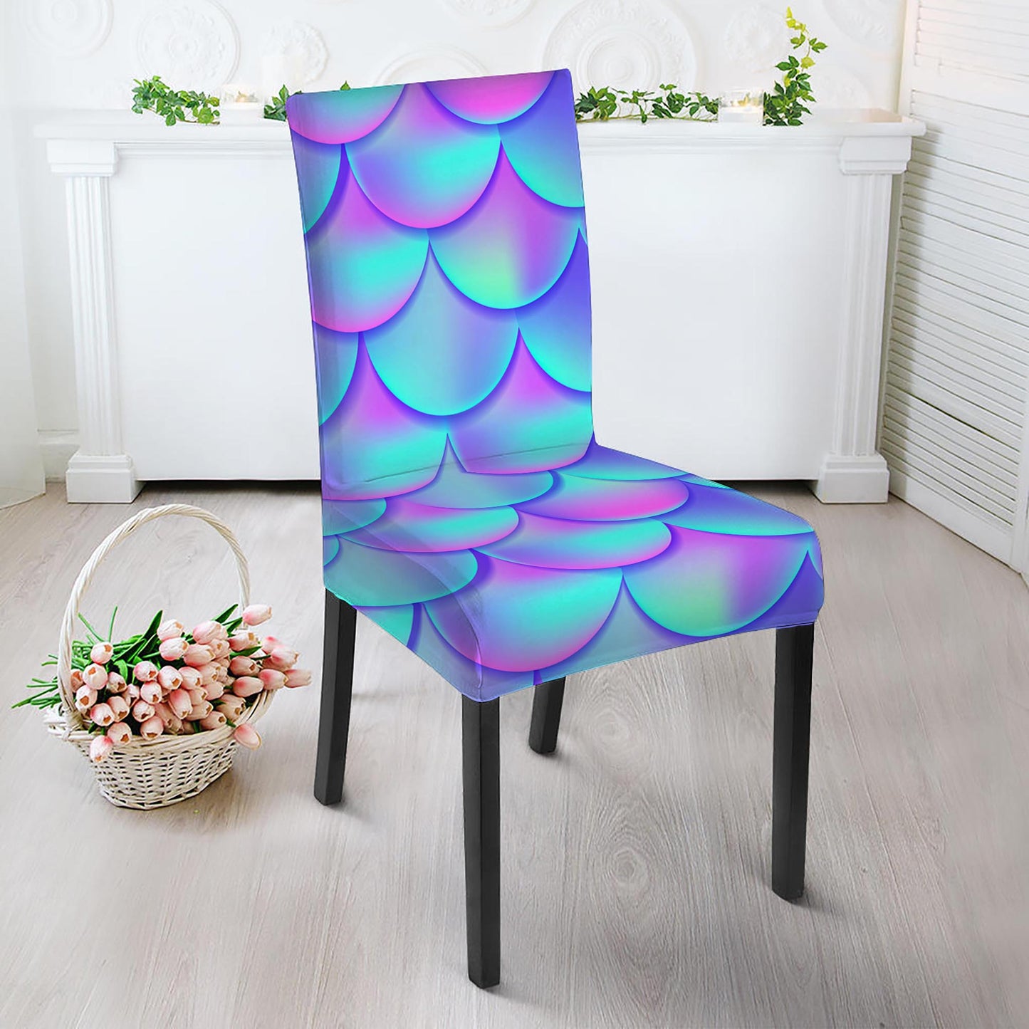 Teal Purple Mermaid Scales Pattern Print Dining Chair Slipcover