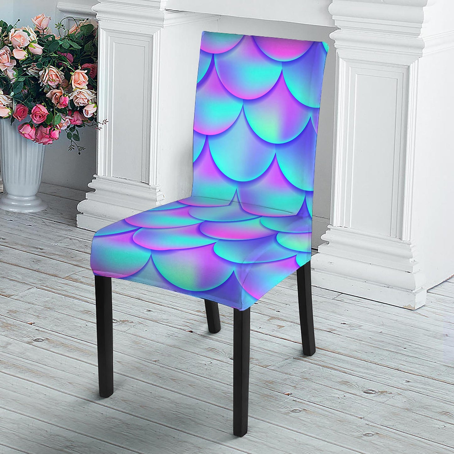 Teal Purple Mermaid Scales Pattern Print Dining Chair Slipcover