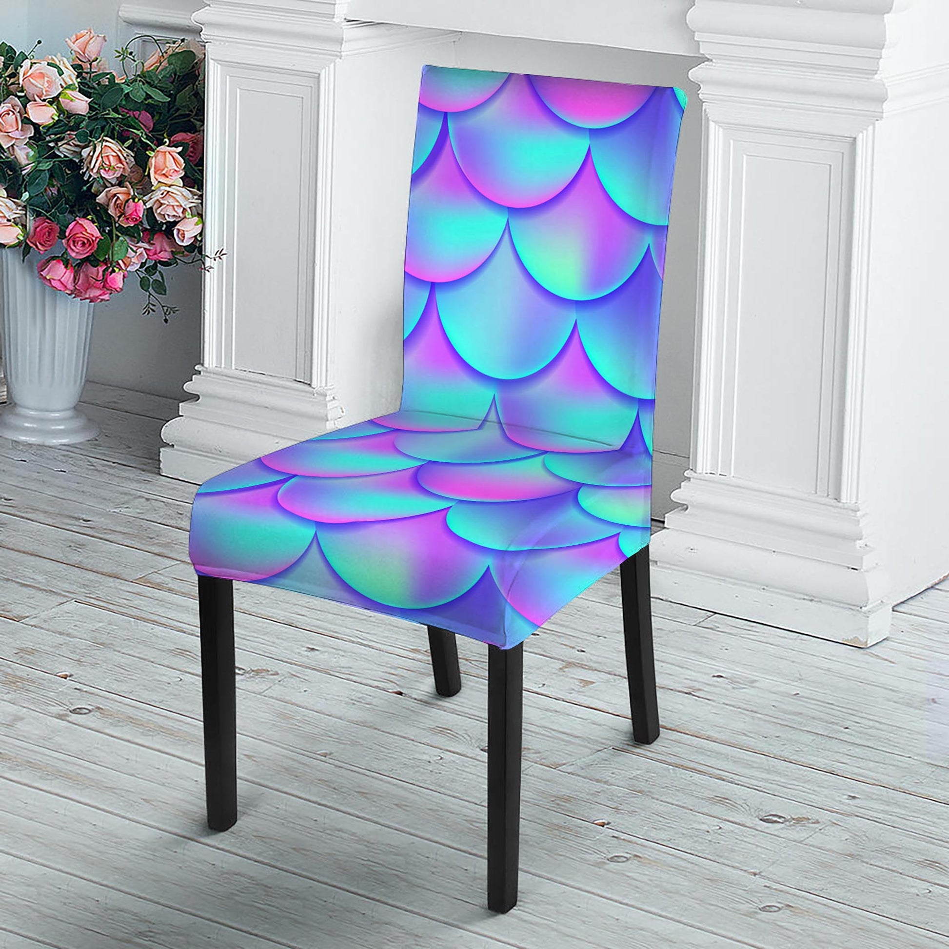 Teal Purple Mermaid Scales Pattern Print Dining Chair Slipcover