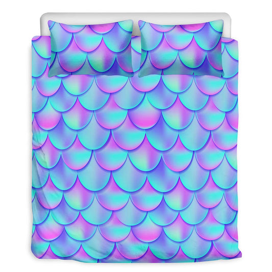 Teal Purple Mermaid Scales Pattern Print Duvet Cover Bedding Set
