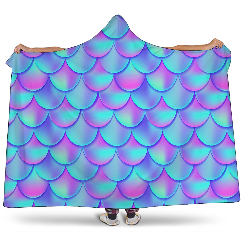 Teal Purple Mermaid Scales Pattern Print Hooded Blanket