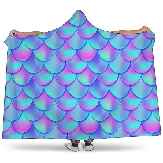 Teal Purple Mermaid Scales Pattern Print Hooded Blanket