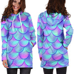 Teal Purple Mermaid Scales Pattern Print Hoodie Dress GearFrost