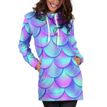 Teal Purple Mermaid Scales Pattern Print Hoodie Dress GearFrost