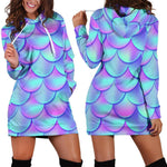 Teal Purple Mermaid Scales Pattern Print Hoodie Dress GearFrost