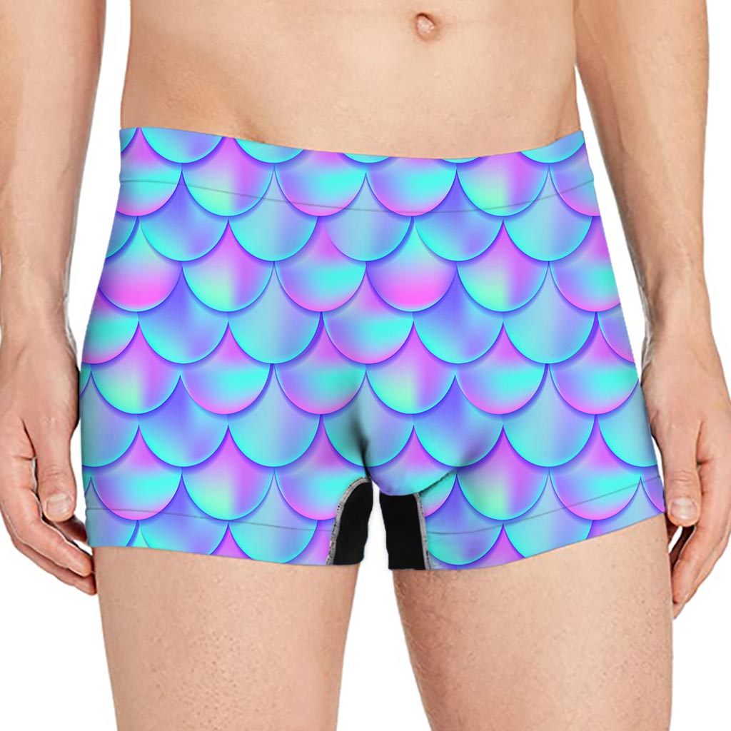 Teal Purple Mermaid Scales Pattern Print Men's Boxer Briefs